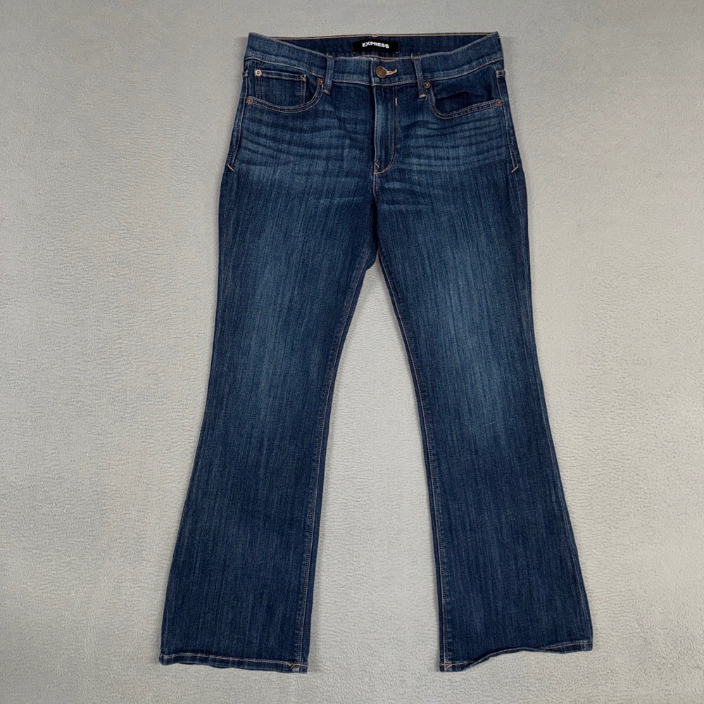 Express Jeans Womens 10 Short Blue Mid Rise Boot Stretch Distressed Denim